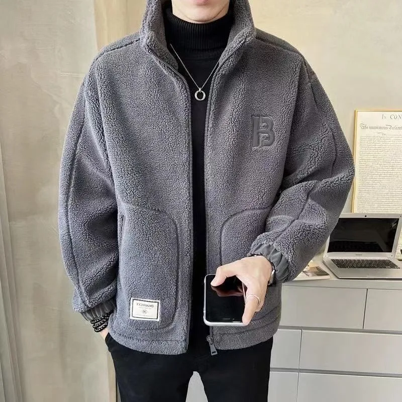 Male Lamb Wool Cotton Coat with Thick Wool Jackets Solid Simple Autumn Winter Motorcycle Clothing Men\'s Casual Clothes