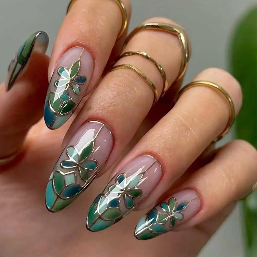 

Green Stained Glass Press On Nails Detachable Glossy Finish Floral Transparent Nails Reusable 3D Acrylic Press On Nails