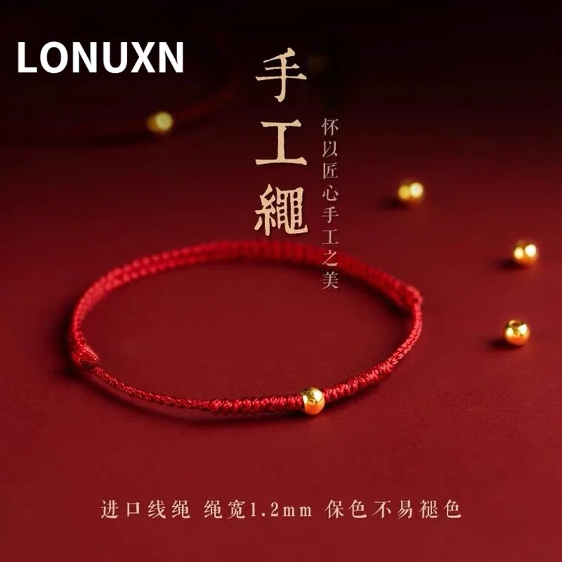 

High Quality Real 24K Yellow Gold Beads 5mm Bracelet for Women Men 999 Glossy Red String Bracelet Couple Lover Red Rope Gift