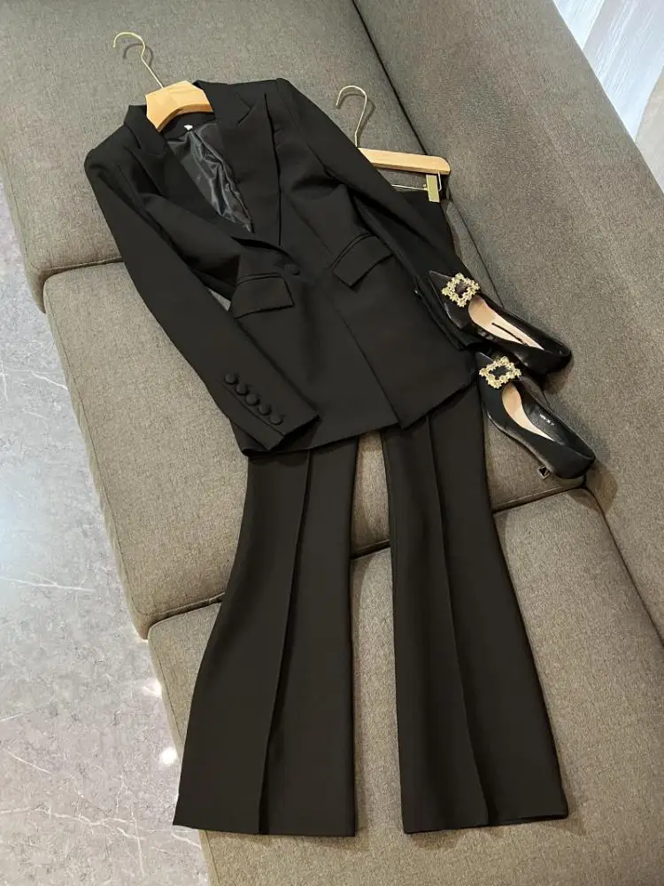 

Модный тканевый костюм миди на одной пуговице и расклешенные брюки, комплект из двух предметов A637, женская рабочая одежда, ансамбль для поездок на работу