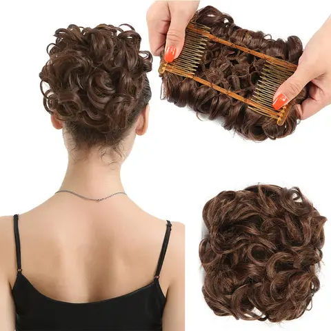 지저분한 곱슬 머리 빵 Chignon 머리 확장 가발에 탄성 밴드 빗 클립 합성 롤빵 Updo 커버 Hairpieces 푹신한 Scrunchie