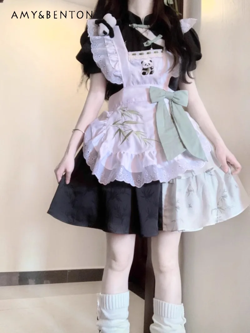 

Original New Chinese Style Lolita Panda Element Black Short Sleeves Waist Thin A-Line Dress For Women