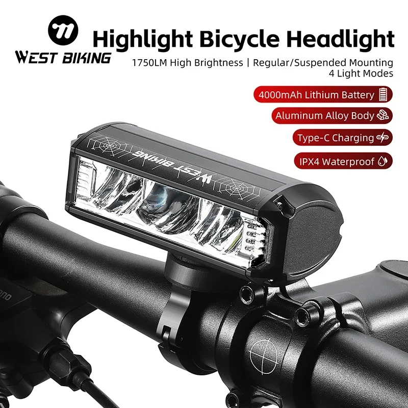 WEST BIKING High Brightness Bicycle Headlight 1750 Lumen Type-C Charging IPX4 Waterproof Bike Light MTB Road Bike Accessories