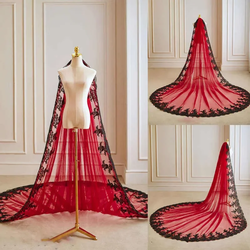 Designer Red Wedding Bridal Veil Black Appliques 1 Layer Long Cathedral Length Veils Applique Edge Bride Customized
