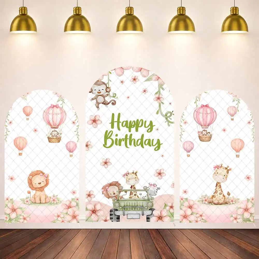 

Фон для фотосессии в форме арки U-образной формы с изображением сафари-животных, жирафа, розовый фон для декора дня рождения девочек