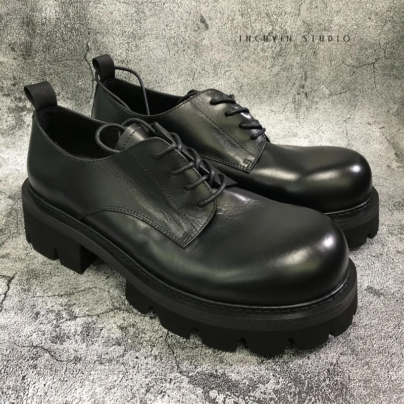 

New Genuine Leather Dress Shoes Black Casual Thick Sole Lace Up Derby Leather Shoes Men's Fashion Work Business Shoes Male