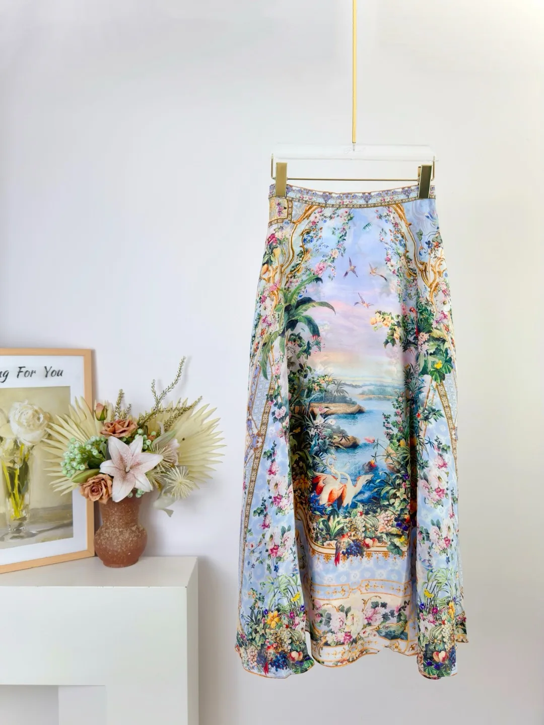 Summer Fashion Party Floral Pattern Print Elegant Midi Skirt Women's Middle Waist Slim Vintage A-Line Big Swing Long Skirt