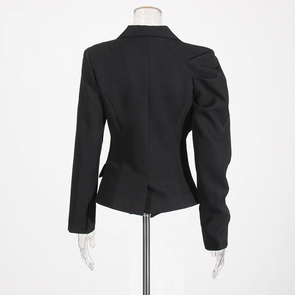 VGH ไม่สม่ําเสมอ Spliced Ruffles Elegant Blazer สําหรับผู้หญิง Notched คอยาวแขนยาว Spliced ปุ่ม Slimming Blazer หญิง