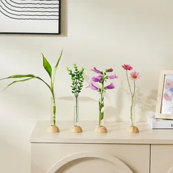 Plastic Test Tube Clear Vase with Bamboo Base Space-Saving Transparent Hydroponic Vase Bonsai Tabletop Plants Flower Pot