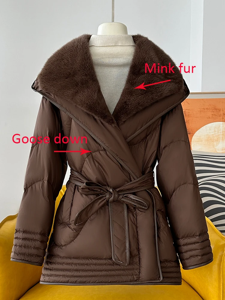 2023 Warm Winter Women Natural Real Mink Fur Collar Goose Down Jackets Thick Parkas Coat Female Outwear Puffer Jackets