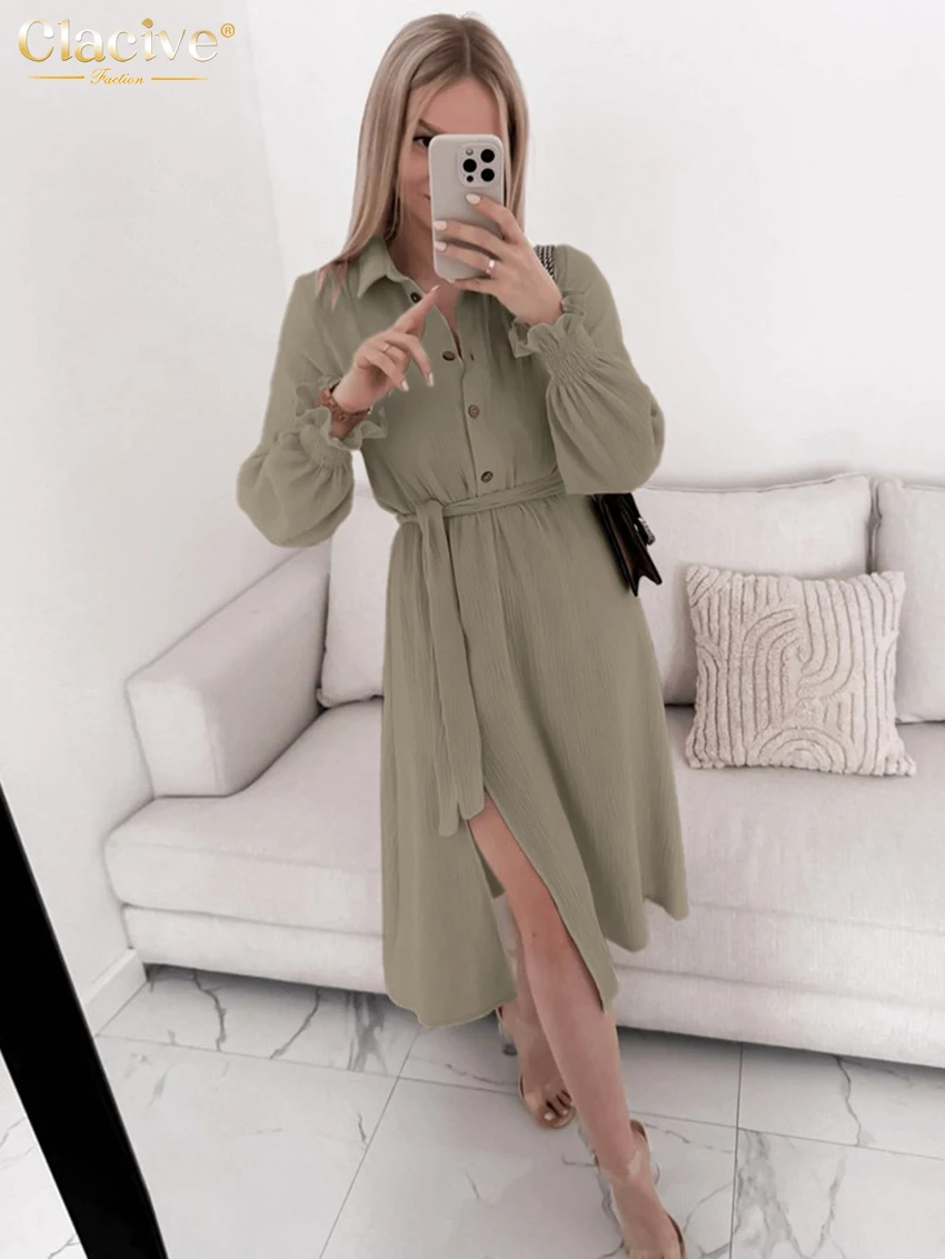 

Clacive Fashion Loose Pink Cotton Women's Dress 2025 Casual Lapel Long Sleeve Midi Dresses Elegant Lace-Up Slit Female Dress