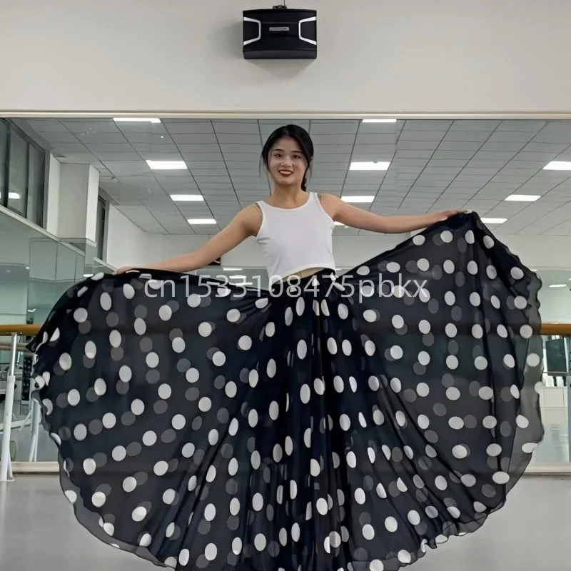 Falda de cintura alta para danza clásica de 360-720 grados, ropa de baile flamenco, falda con estampado de lunares, traje para actuación en escenario de baile