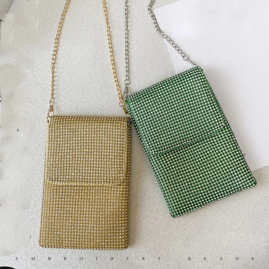 

Women's Diamond Stylish Cellphone Crossbody Bag Cute Chains Small Shoulder Bag Summer Girls Fashion Solid Flap Mobile Phone Bags