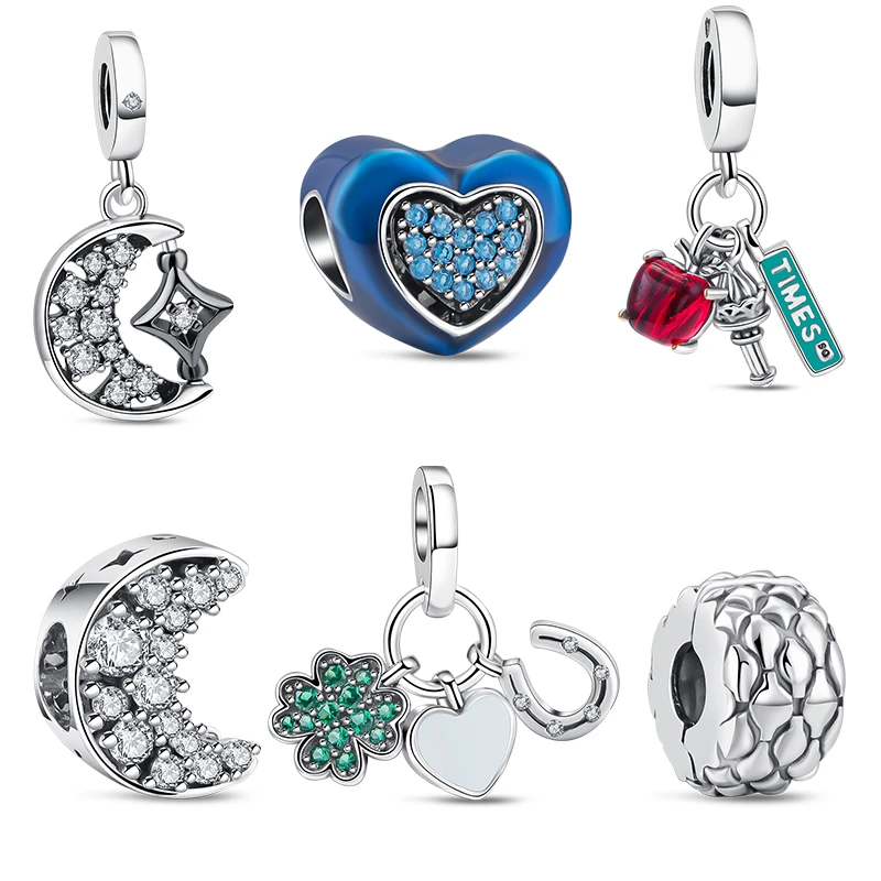 

New Charm Dangle 925 Silver Blue Spinnable Heart Shiny Moon Four Leaf Clover Horseshoe Fit Original Pandora Bracelet DIY Jewelry