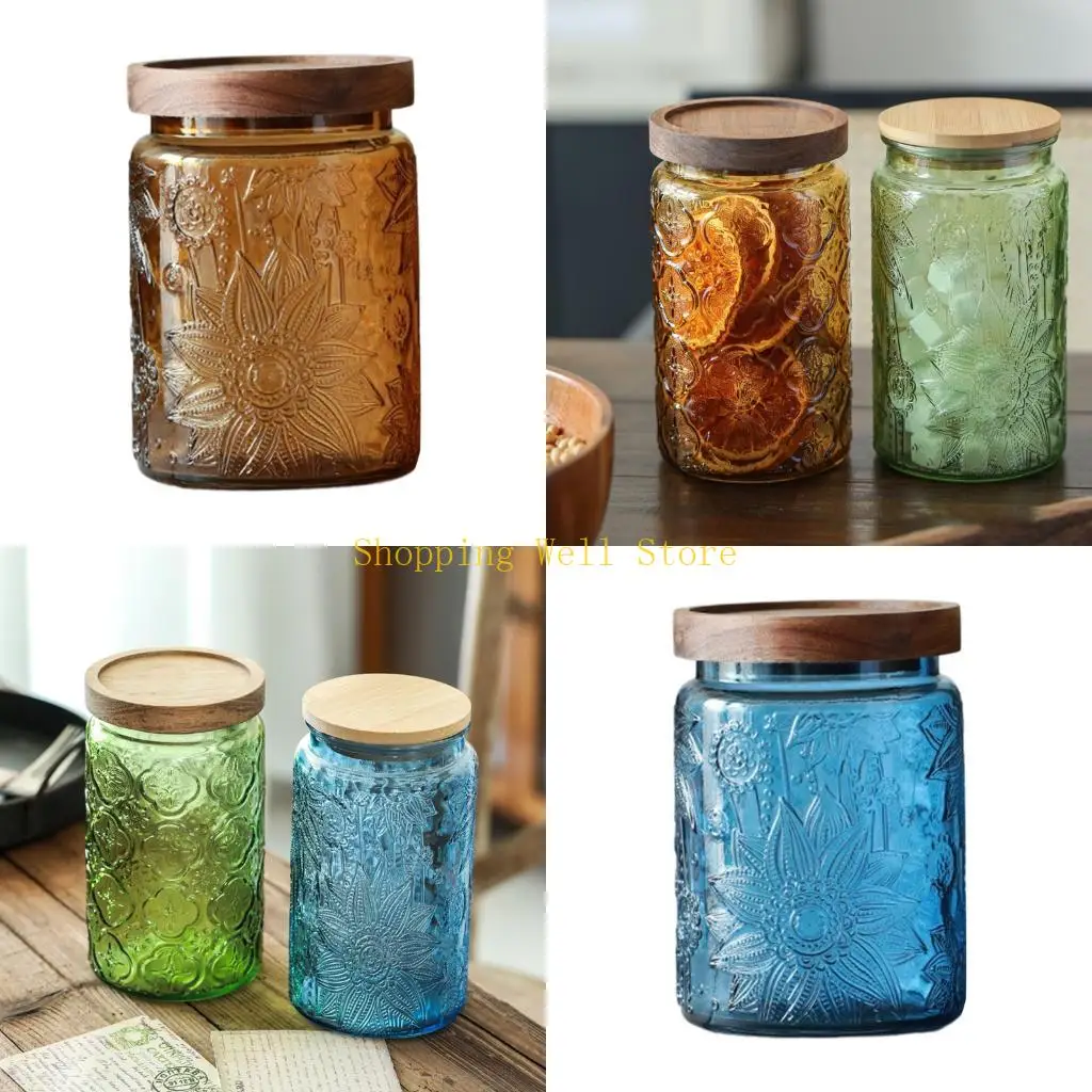 KX4B Glass Storage Jar For Candies Coffee Featuring Embossed Look And Airtights Seal Wooden Cover