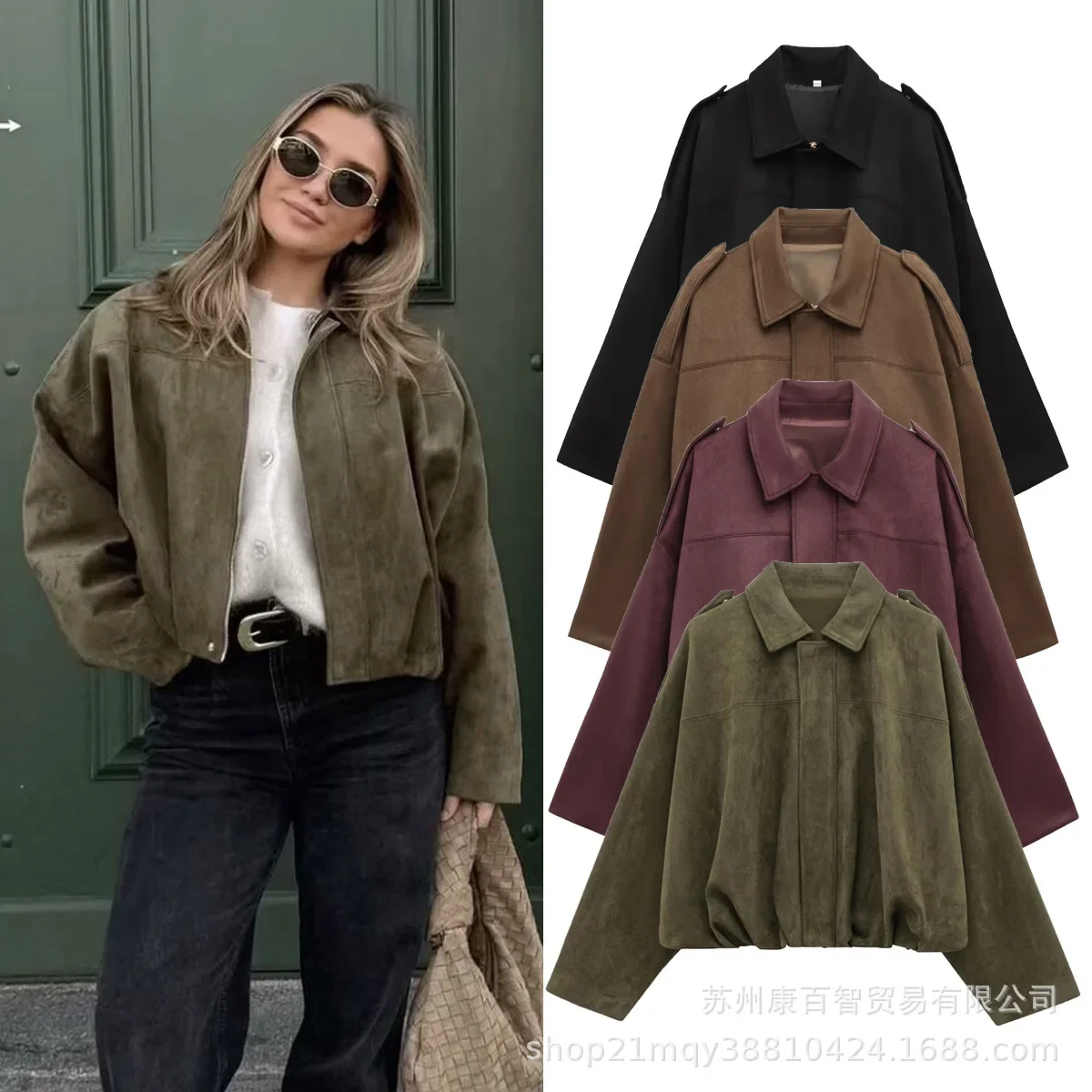 Jaket Bomber Wanita Oligai Musim Gugur 2025 Beludru Longgar Pakaian Jaket Mantel Kasual Hijau Mantel Wanita untuk Streetwear