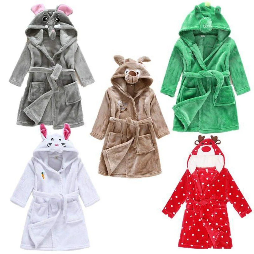 

Kids Cartoon Elephant Bathrobe Hooded Nightgown Soft Warm Fleece Robe Buttoned Collar Children Pajamas Nightgown