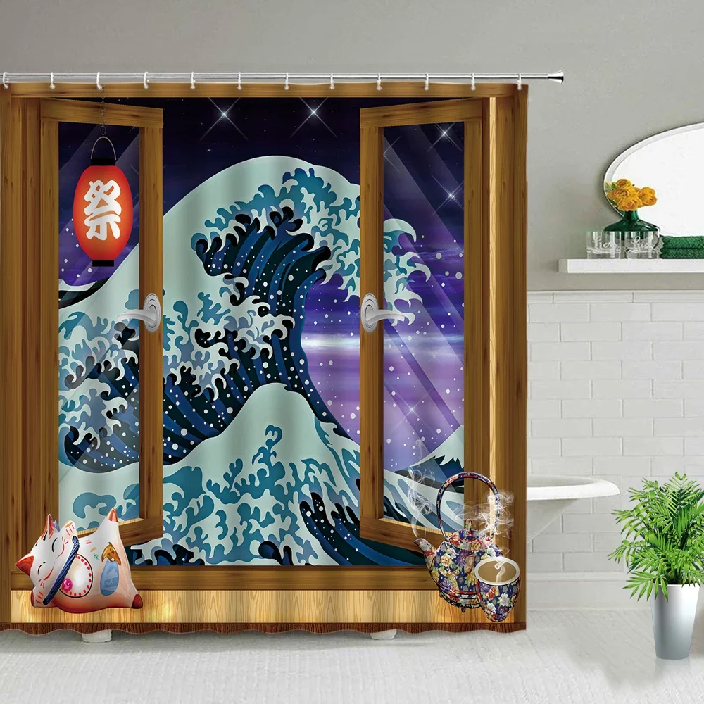 Sea Wave Pattern Cartoons Scenery Shower Curtain Set Modern Bathroom Decor Screen Waterproof Fabric Hanging Curtains With Hooks