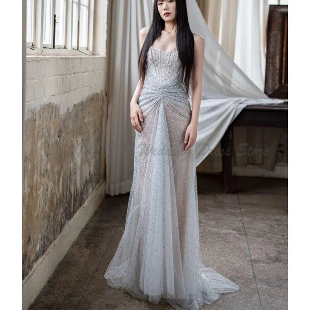 

Exquisite Evening Dresses Women Strapless Sleeveless Sparkle Crystals High Quality Floor Length Sweep Train Female Gowns Classic