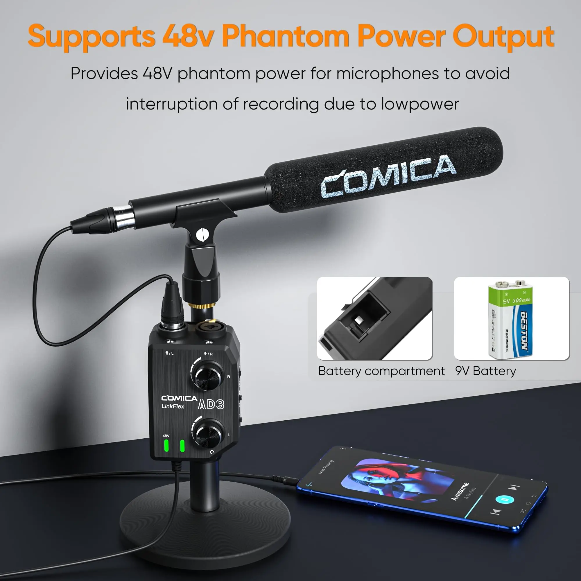 Adaptador de amplificador de microfone Comica LINKFLEX AD3 XLR/3.5mm/6.35mm-3.5mm Adaptador de pré-amplificador de microfone com 2 canais 48V Phantom Power Mixer para IOS Android Smartphones, Filmadoras, Câmeras DSLR