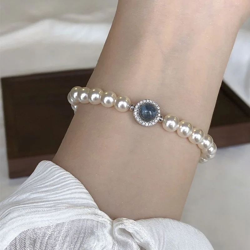 New 925 Sterling Silver Bracelet Luxury Blue Crystal Pearl Bracelet for Women Girl Design Bead Korean Jewelry Charm BraceletGift