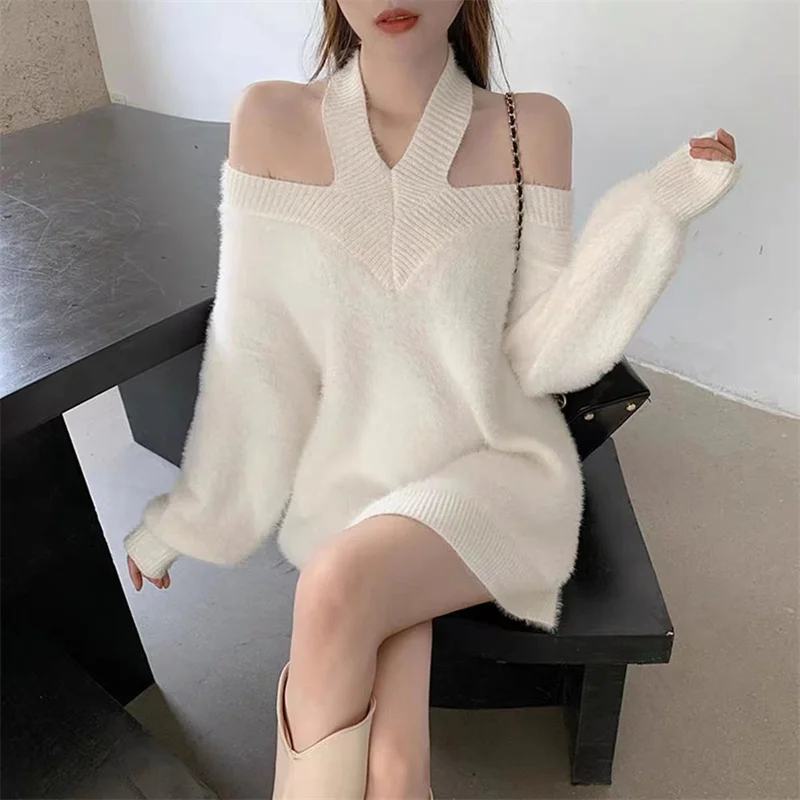 2023 New Chic Sexy V Neck Woemn Sweater Halter Knitting Pullover Winter Soft Streetwear Solid Loose Fashion Casual Sweater