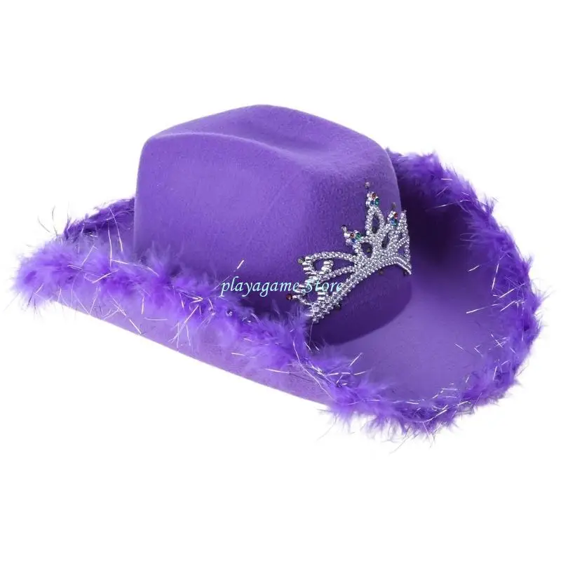 Y88A الراين تاج قبعات رعاة البقر امرأة الموسيقى المهرجانات قبعات رعاة البقر مع تقليم القطيفة