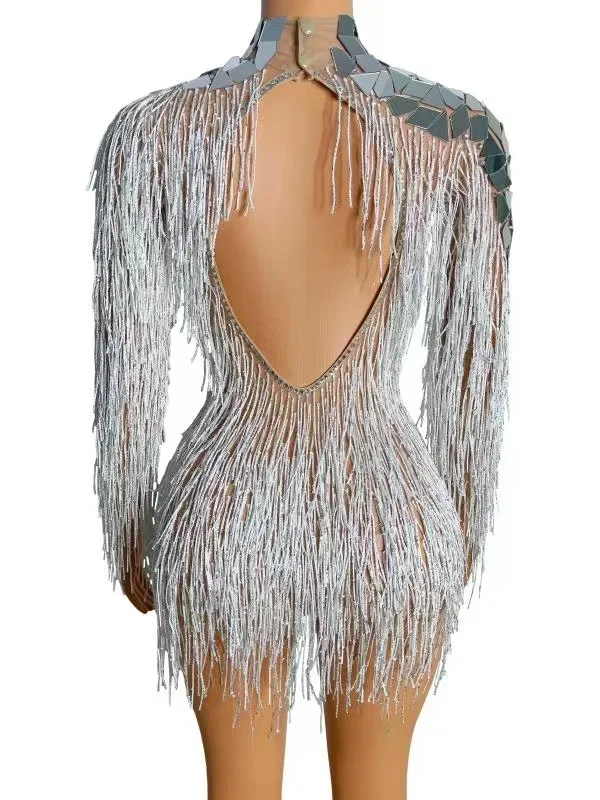 Sparkly Mirrors Fringes Bodysuit Birthday Celebrate Outfit Backless Dance Costume Women Dancer Tassel Leotard Show Stage Wear