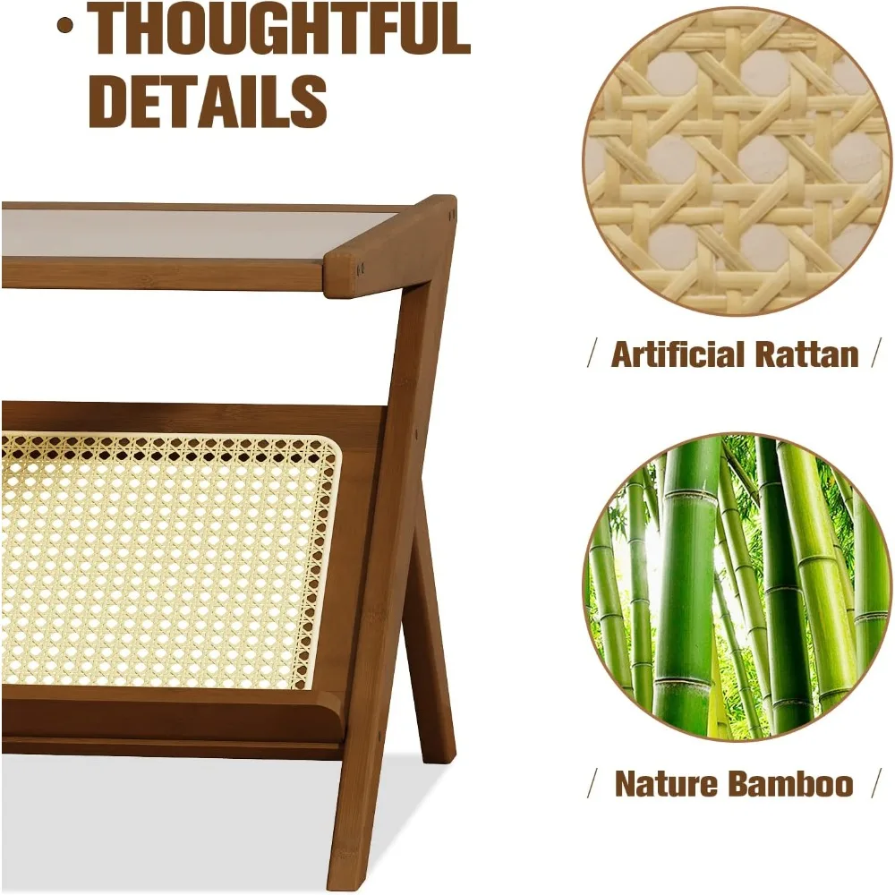 Mid-Century Modern Coffee Table with Glass Top and Rattan Center, Brown Storage Table for Living Room