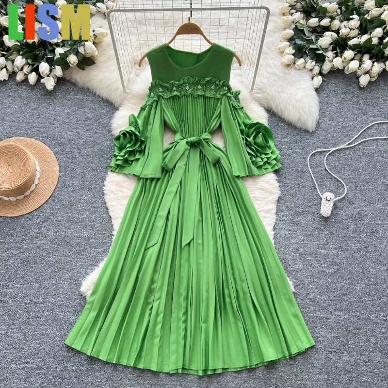 

LISM Party dresses Female hollow out shoulder flared sleeves with nail beads waist cinching and pleating, knee length long skirt