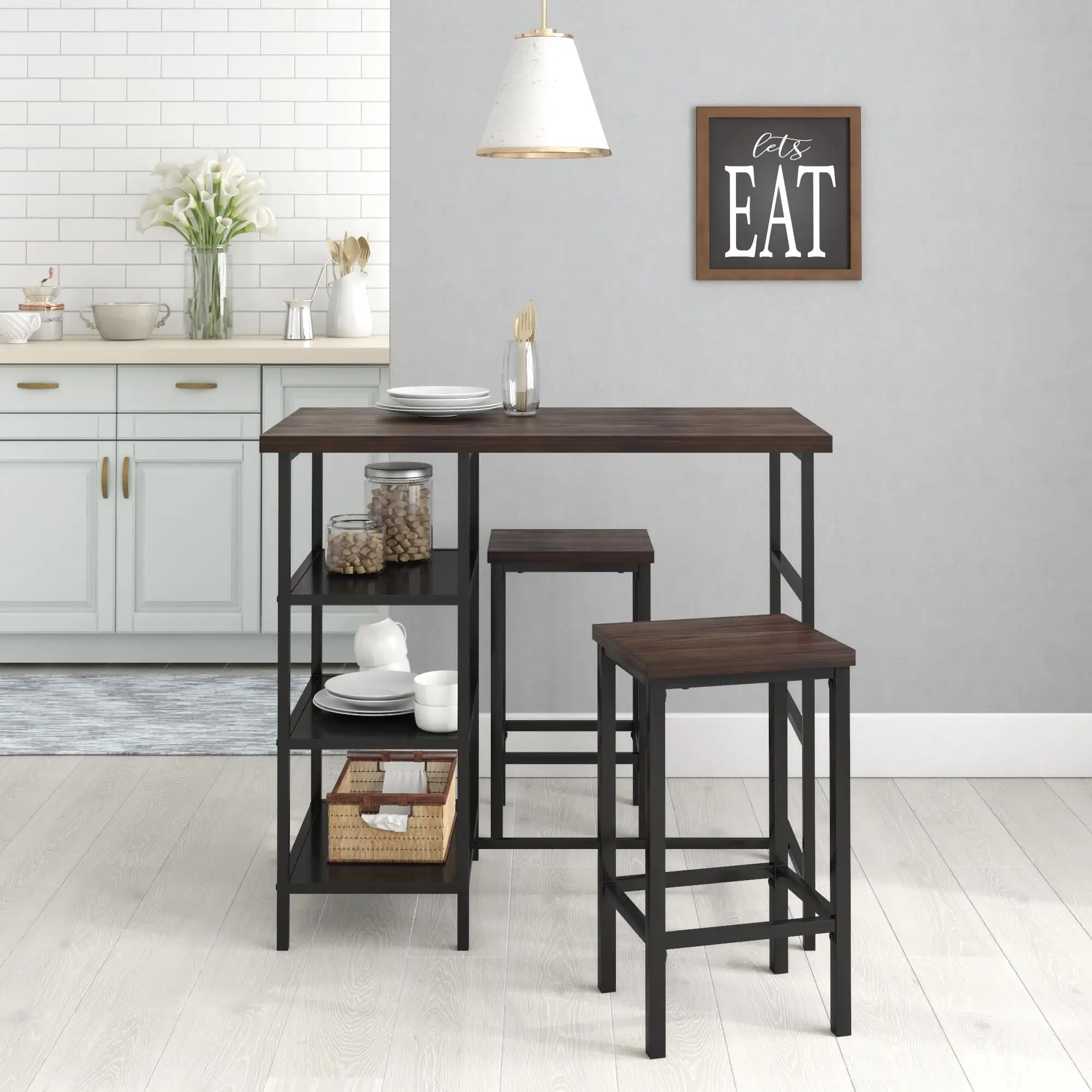 3 Piece Dining Pub Set  Iron Frame Counter Height Bar Table with Backless Barstools, Espresso