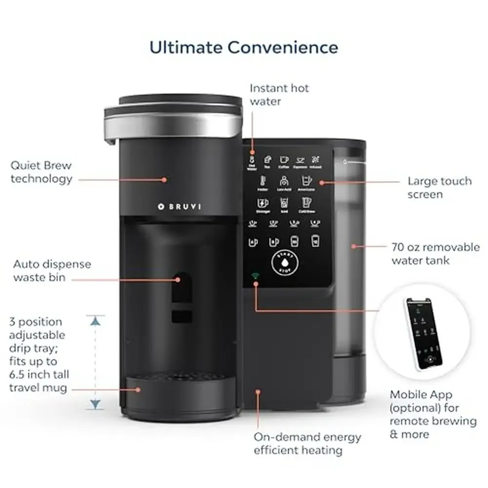 7-in-1 Coffee System-Bruvi Brewer Espresso Cold Brew Infused Coffee Hot Water Touch Screen Removable Tank
