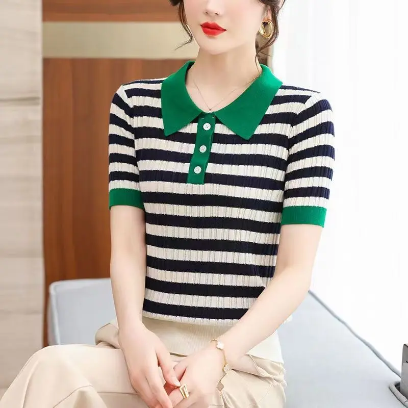 Women's Clothing New Product Launched Ice Silk Knitted Sweater Pullover Summer Thin Short Sleeve T-shirt Stripe Niche Lapel Tops