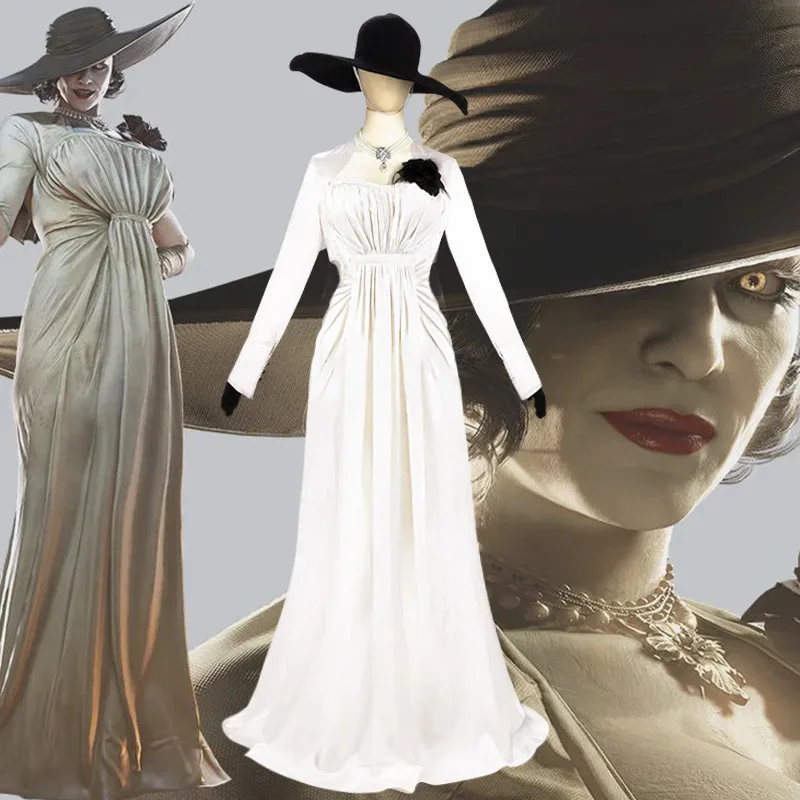 Lady Dimitrescu Cosplay Costume Chatelain Alcina Biohazard Comtesse Sexy Halloween Party Lady Vampire White Dress Hat disfraz