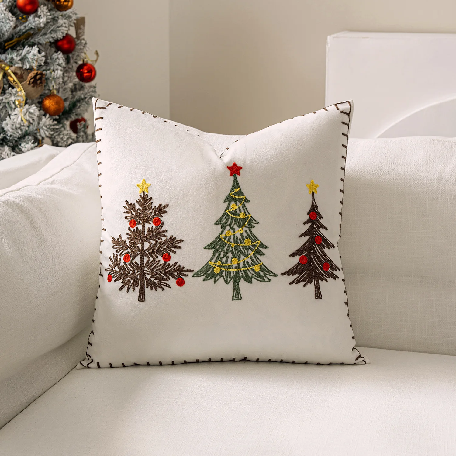 45x45cm Weihnachtsbaum bestickter Kissenbezug Cojines kurzer Plüsch Weihnachten Wohnzimmer dekorativer Heimsofa-Überwurf-Kissenbezug – Detail 7
