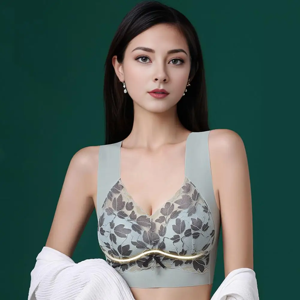 Women Bra See-through Lace Leaf Pattern Seamless Elastic Shoulder Strap Bra Breathable High Elasticity Push-up Lady Bra