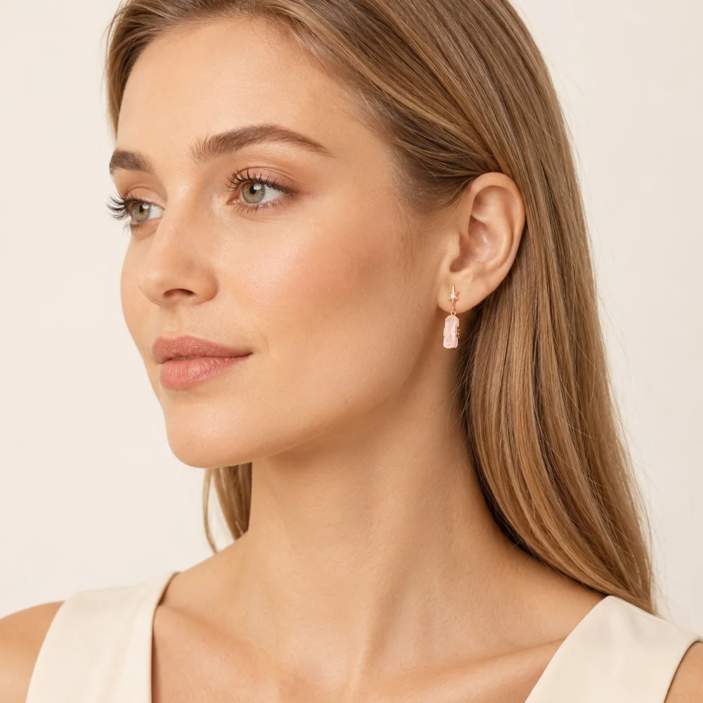 Stern-Ohrstecker mit rosévergoldetem Stein, europäischer romantischer feiner Schmuck für Frauen, Geschenk aus echtem 925er-Sterlingsilber – Detail 2