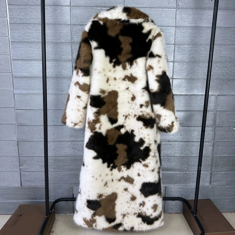Large Size Autumn Winter Faux Fox Fur Jacket Fashion Cow Print Plush Overcoat Female Love Parka Loose Long Faux Fur Coat Women