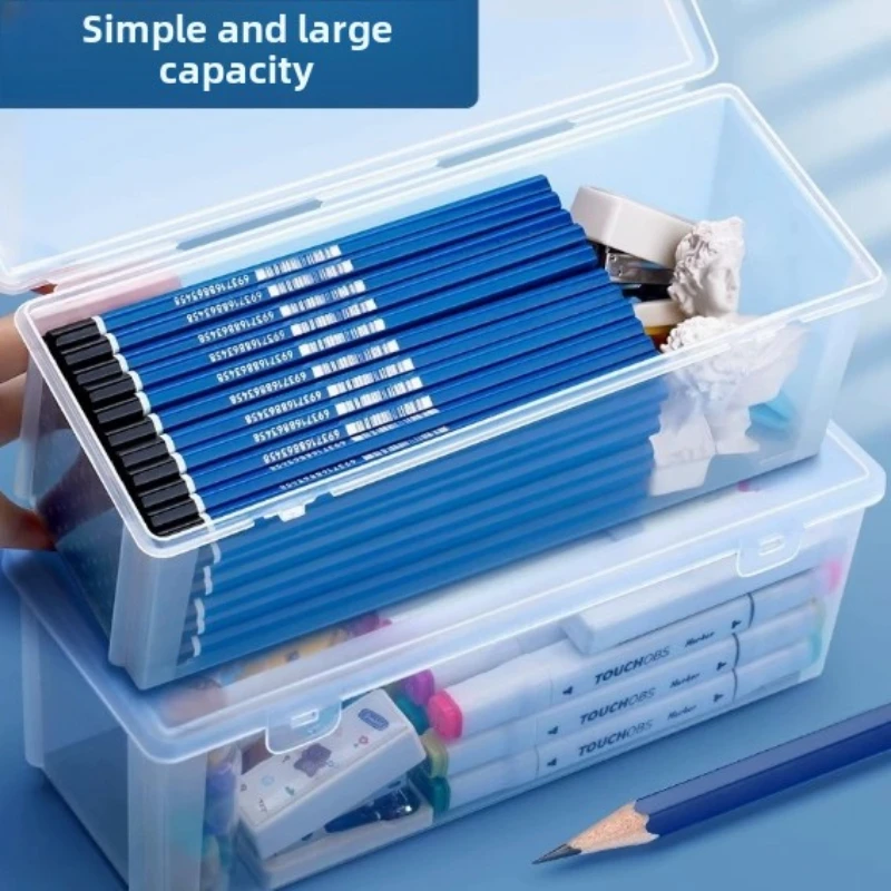 2 transparent dustproof and waterproof PP plastic pencil storage boxes, stationery storage boxes, student office pencil boxes