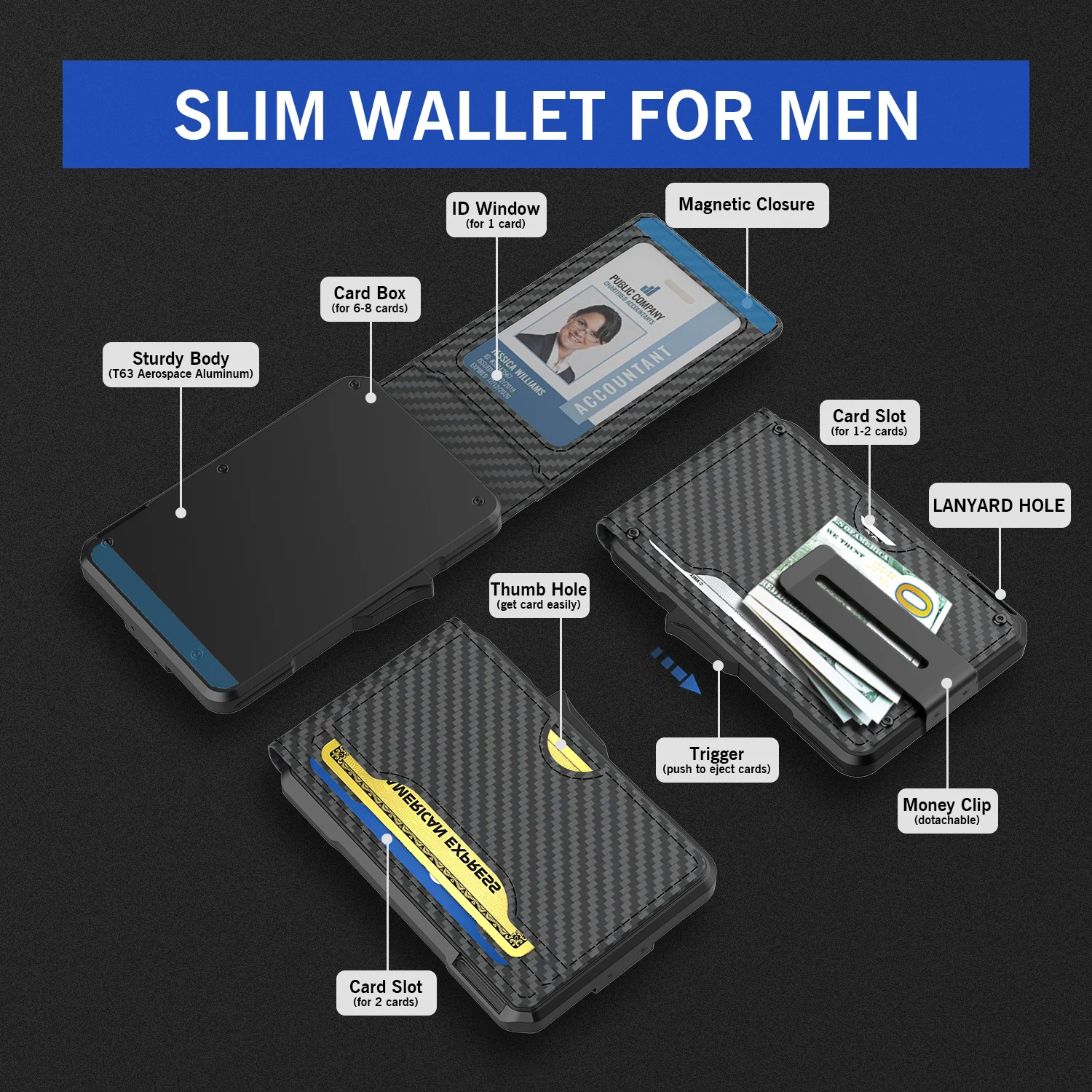 RFID Carbon Fiber Men's Wallet Anti-Theft Slim Wallet - Ultra Thin Smart Card Holder with Pop-Up Mechanism & Money Clip