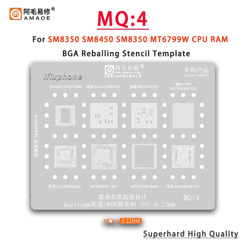 Szablon Amaoe MQ4 BGA Reballing Template Stencil For SM8350 SM8450 SM7315 SM7325 MT6833V MT6799W MT6877V RAM CPU IC Chip Tin Plant Net — zdjęcie 4