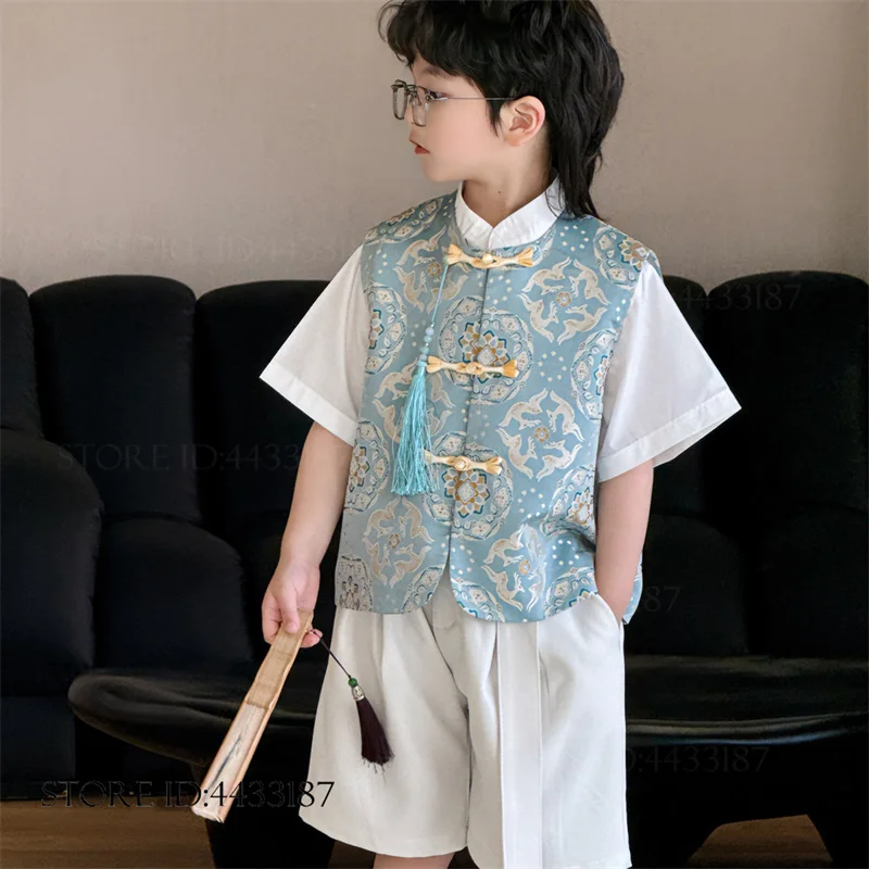 novo-traje-infantil-estilo-chines-tang-para-fotografia-roupa-vintage-azul-jacquard-hanfu-colete-e-shorts-para-apresentacao-de-palco