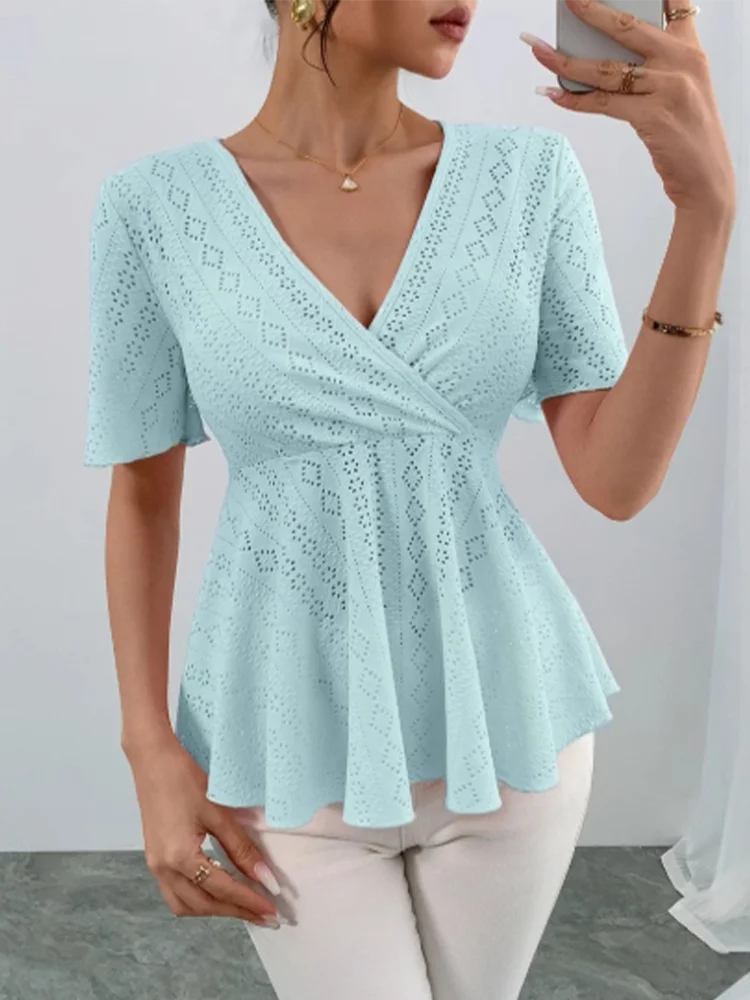 

Solid Color V-neck Short Sleeved Hollow Out Pleated Women's T-shirt Casual Comfortable Daily Office Women's Top