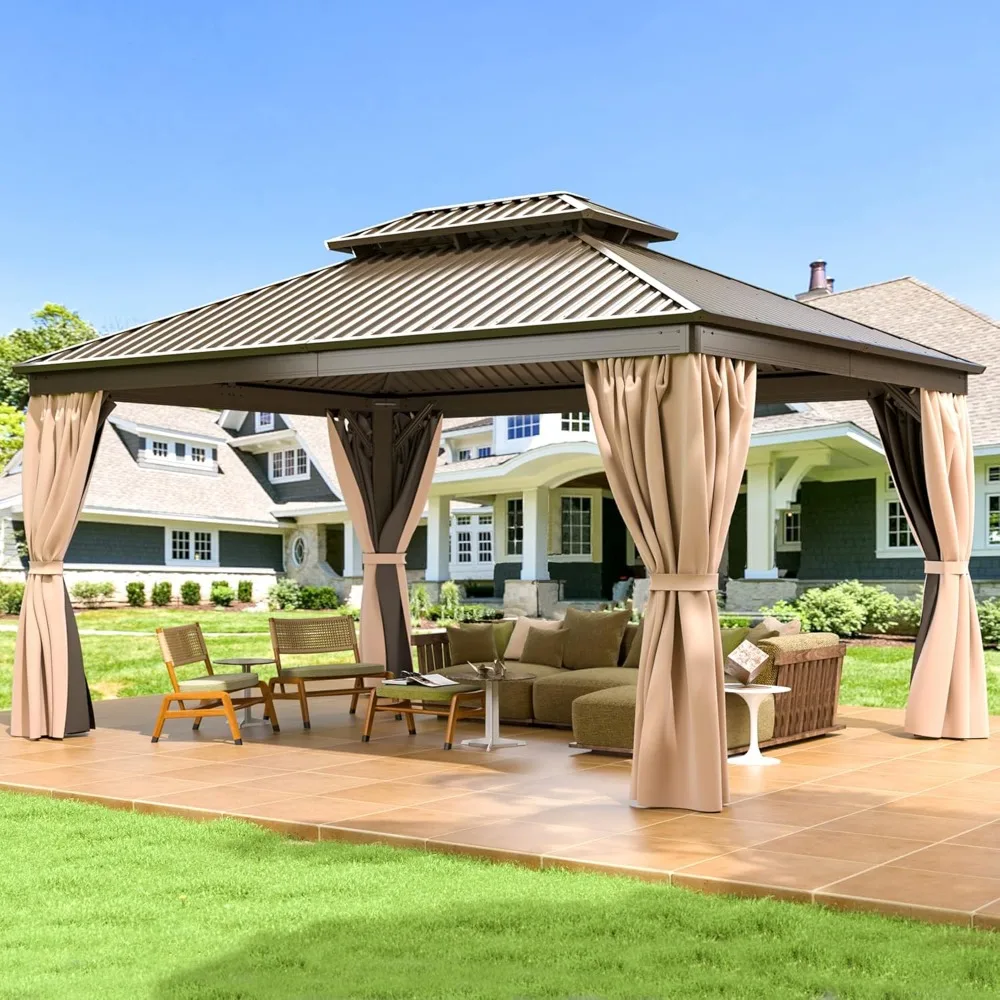 10x12 FT Hardtop Gazebo with Aluminum Frame, Galvanized Steel Double Roof Gazebo with Nettings and Curtains, Permanent Pavilion