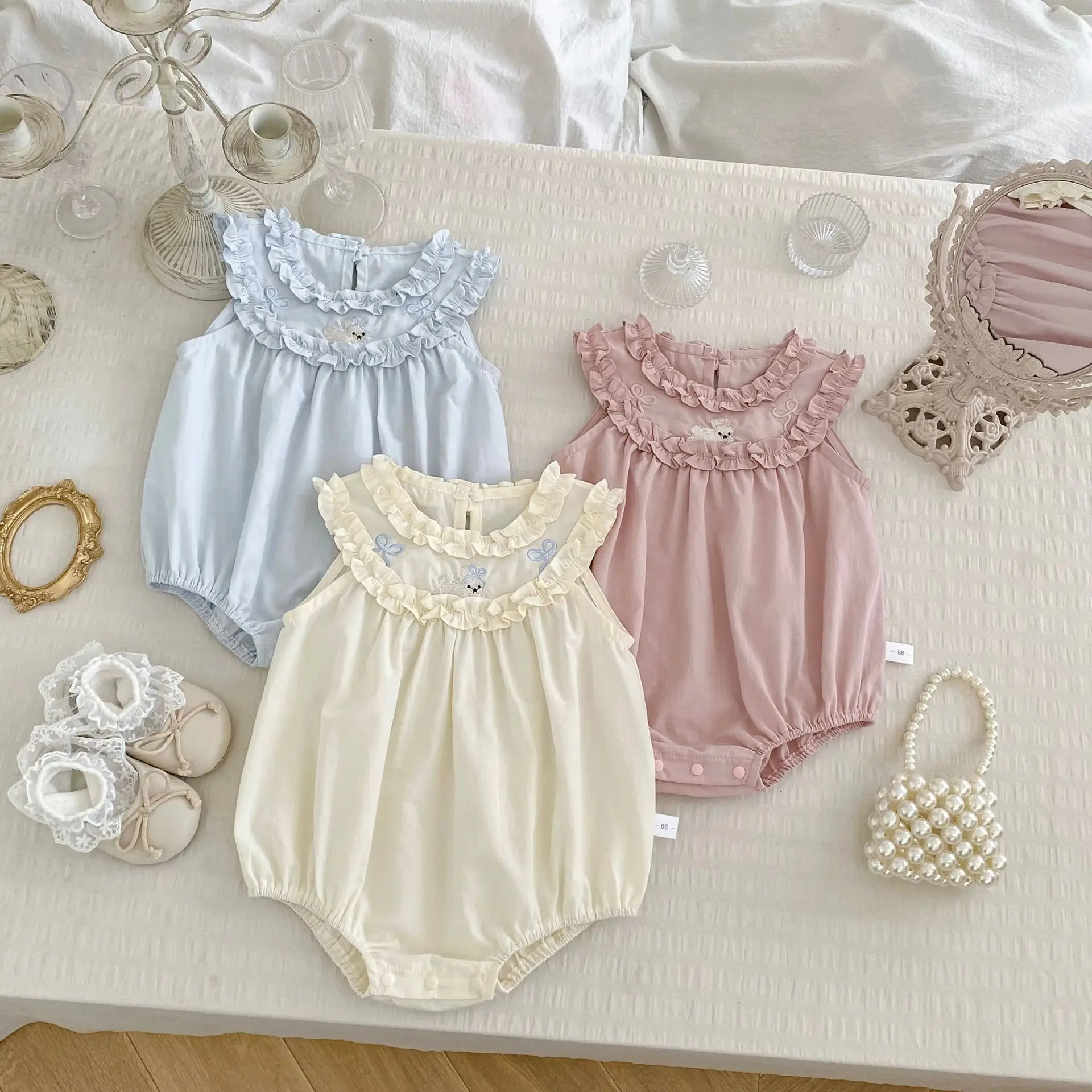 

2026 Summer New Baby Thin Sleeveless Bodysuit Infant Girl Cute Embroidery Lace Collar Jumpsuit Cotton Newborn Clothes 0-24M