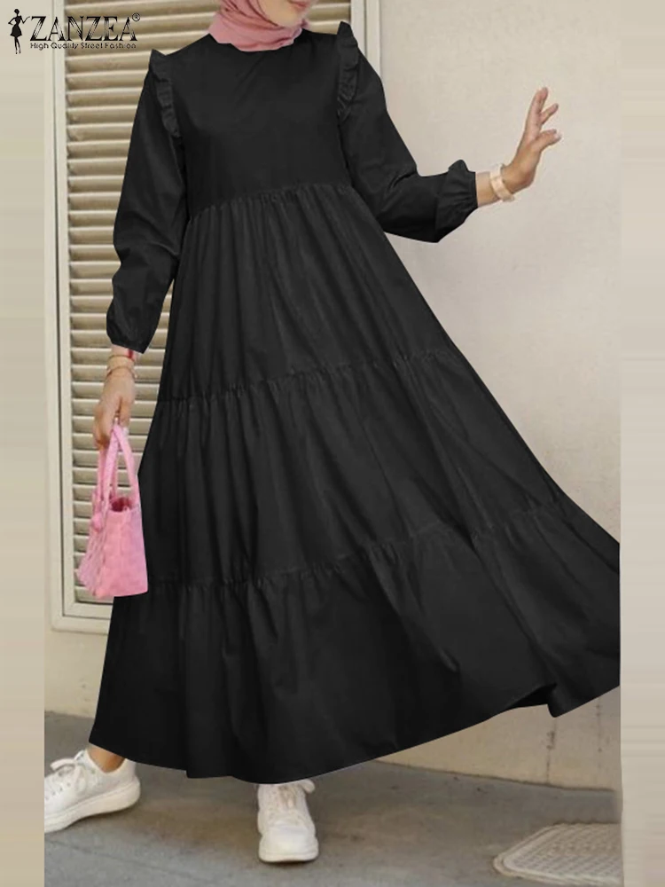 Autumn Women Muslim Dress 2024 ZANZEA Elegant Solid Loose Abaya Ramadan Turkey Vestido Fashion Long Sleeve Flounce Hem Sundress