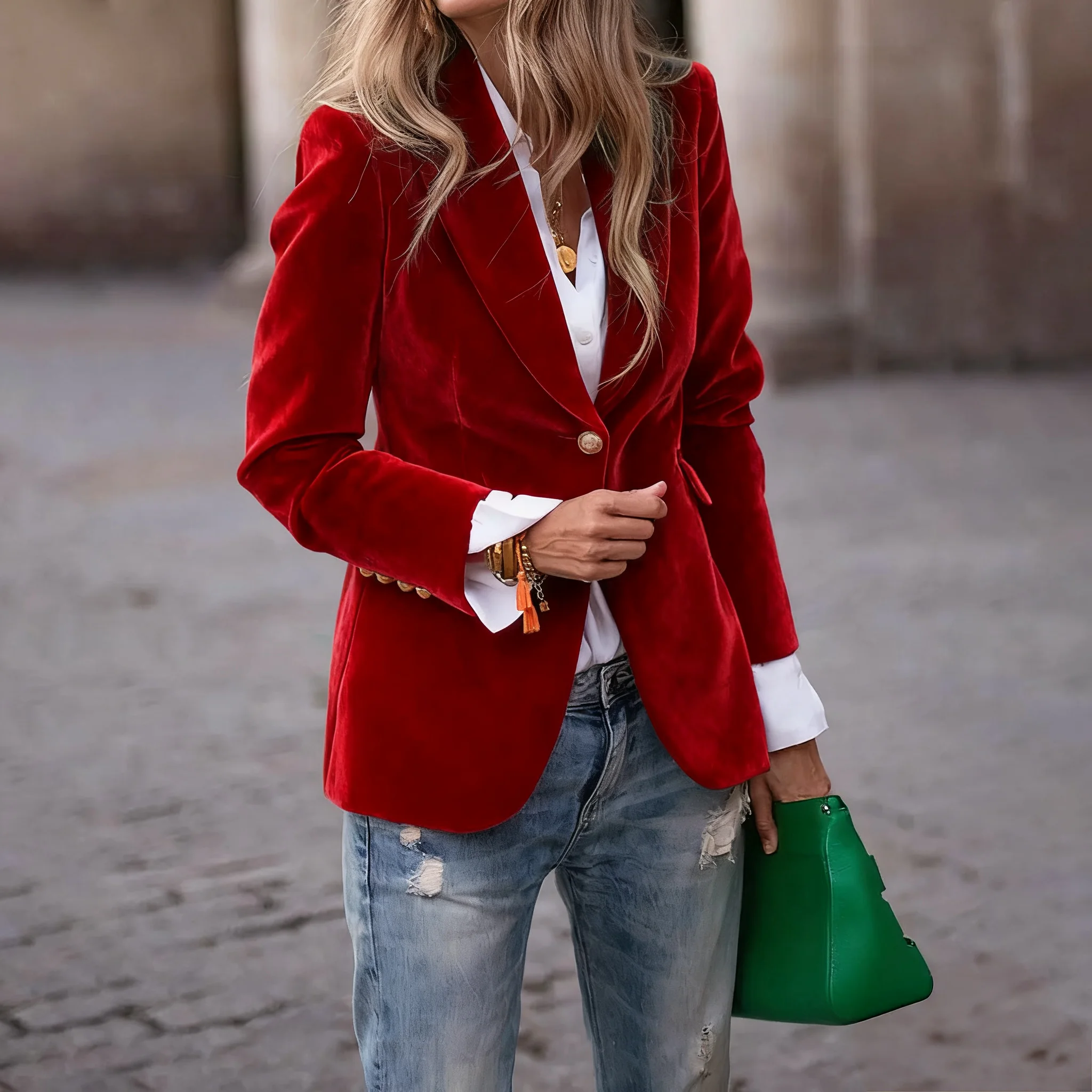 Autumn and winter new European and American gold velvet, elegant, slim, fake pockets