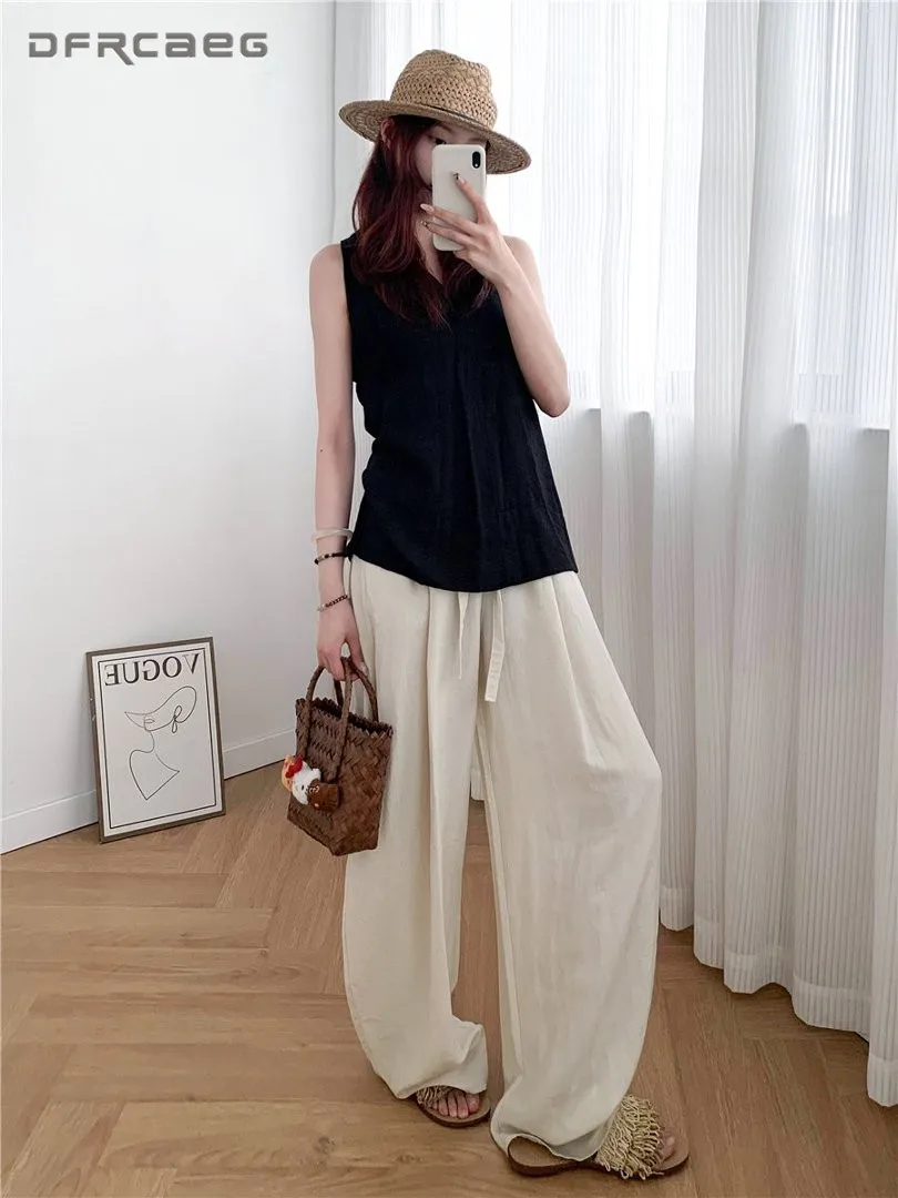 Women's Summer Thin Cotton Linen Draping Straight Pants Old Money Style Loose Wide Leg Trousers Lady