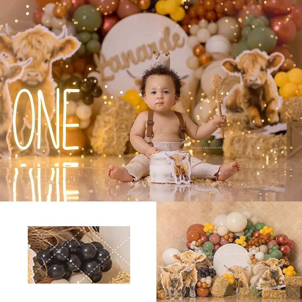 

Highland Cow Birthday Backdrop Kids Baby Cake Smash Photography Props Balloons Garland Child Adult Studio Backgrounds
