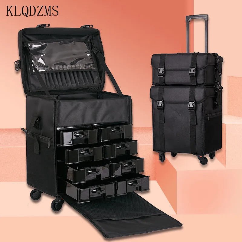 KLQDZMS Women's Makeup Bag Professional Beauty Manicure Tools 2 in 1 Detachable Trolley Set Oxford Cloth Roller Cosmetic Case